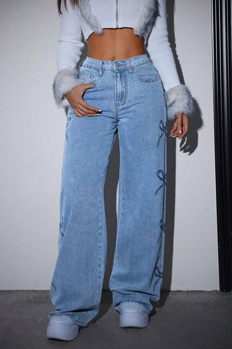 Bow Print Wide-leg Jeans