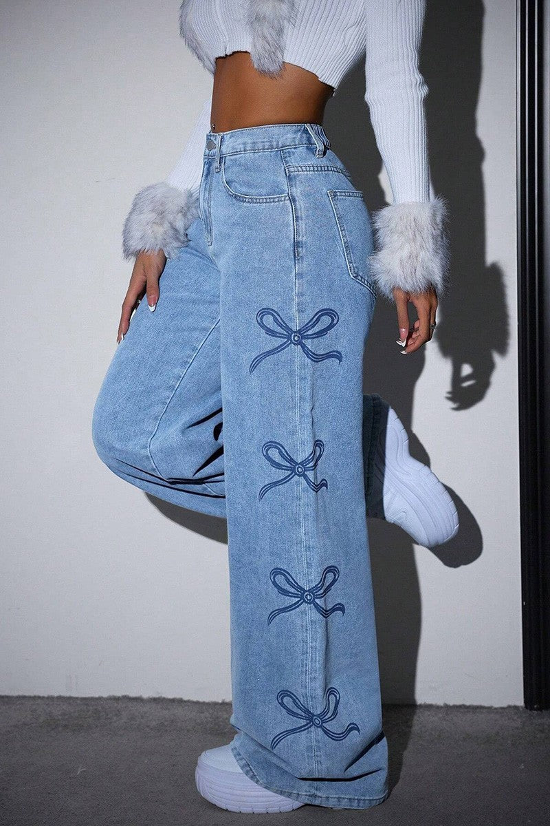 Bow Print Wide-leg Jeans