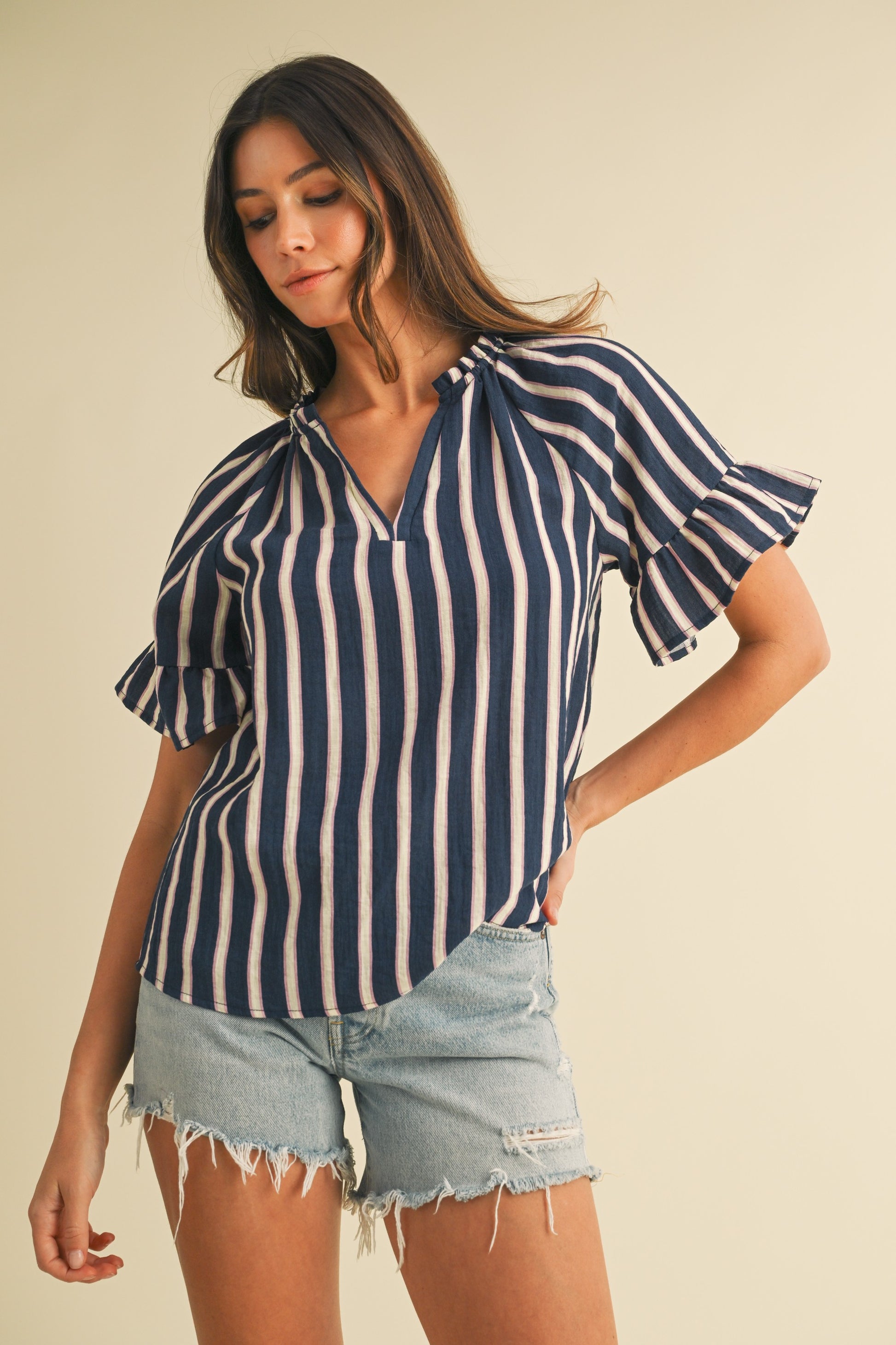 Stripe V-neck Ruffle Sleeve Blouse