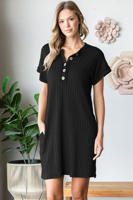 Solid Jacquard Button Up Mini Dress