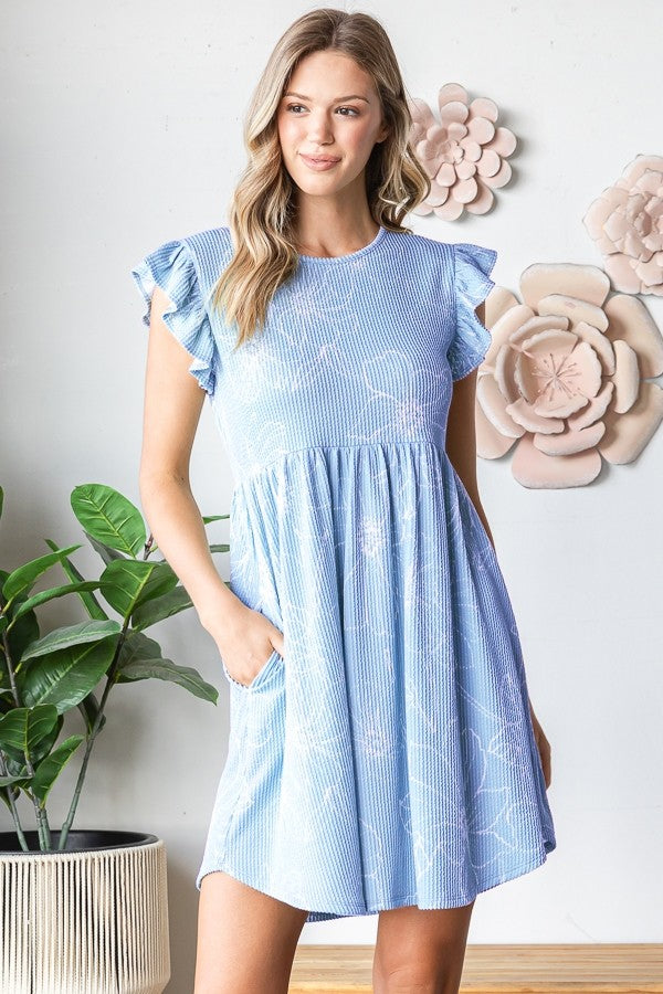 Blue Floral Cap Sleeve Urban Rib Mini Dress