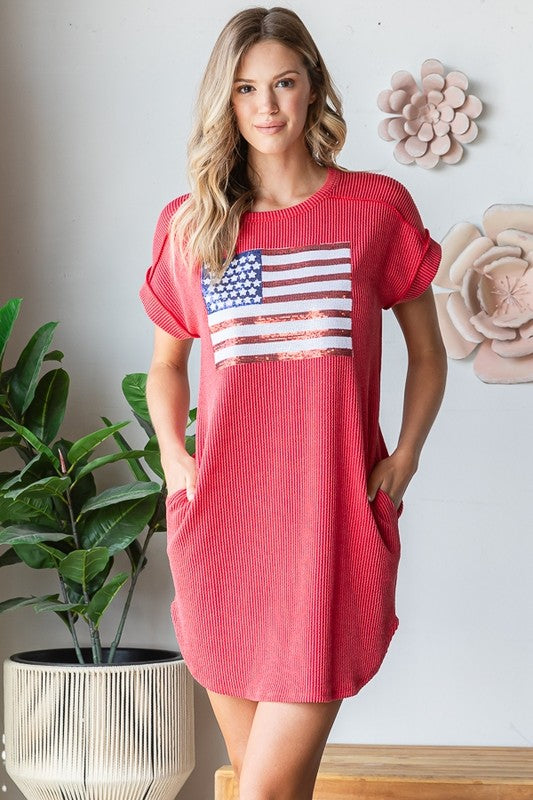 Short Sleeve American Flag Ribbed Sequins Dress