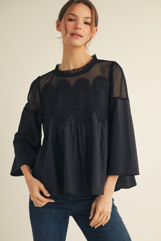 Black Crochet Accent Elegance Blouse