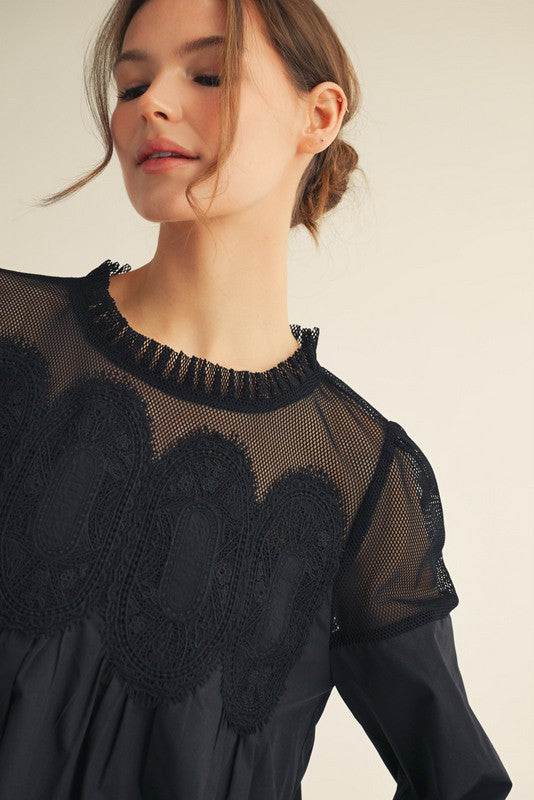 Black Crochet Accent Elegance Blouse