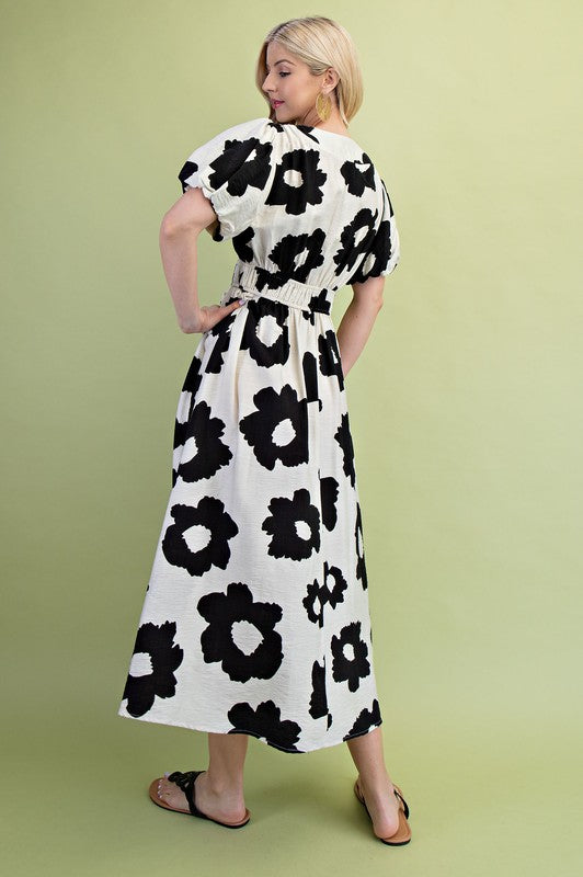 Floral V-neck Short Sleeve Midi Dress