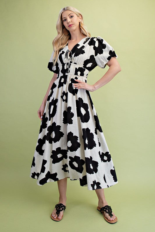 Floral V-neck Short Sleeve Midi Dress