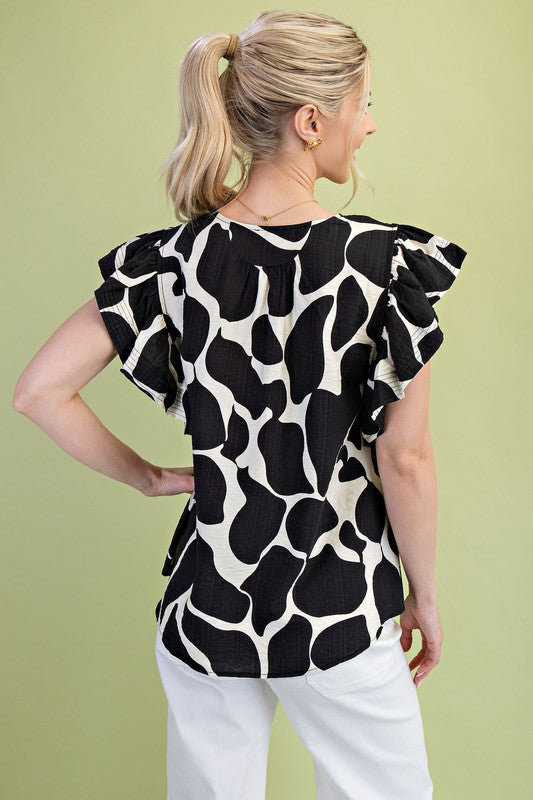 Giraffe Print Flutter Sleeve V-neck Blouse