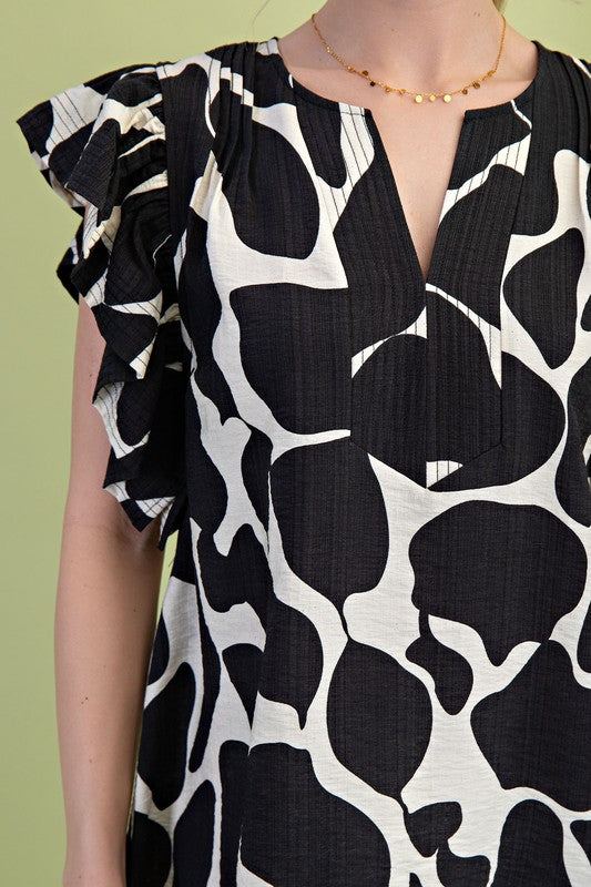 Giraffe Print Flutter Sleeve V-neck Blouse