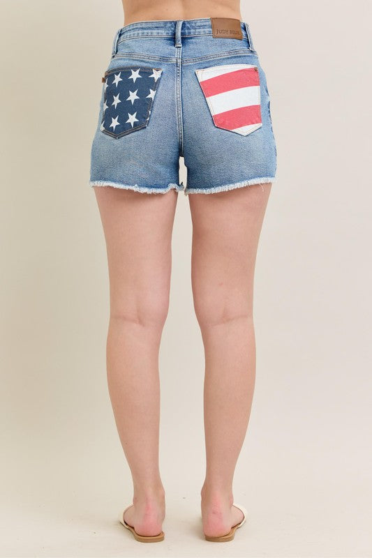 Judy Blue Americana Flag Print Fray Hem Shorts