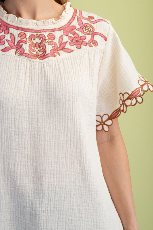 Ivory Embroidered Short Sleeve Blouse