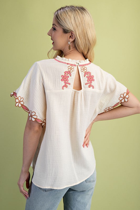 Ivory Embroidered Short Sleeve Blouse