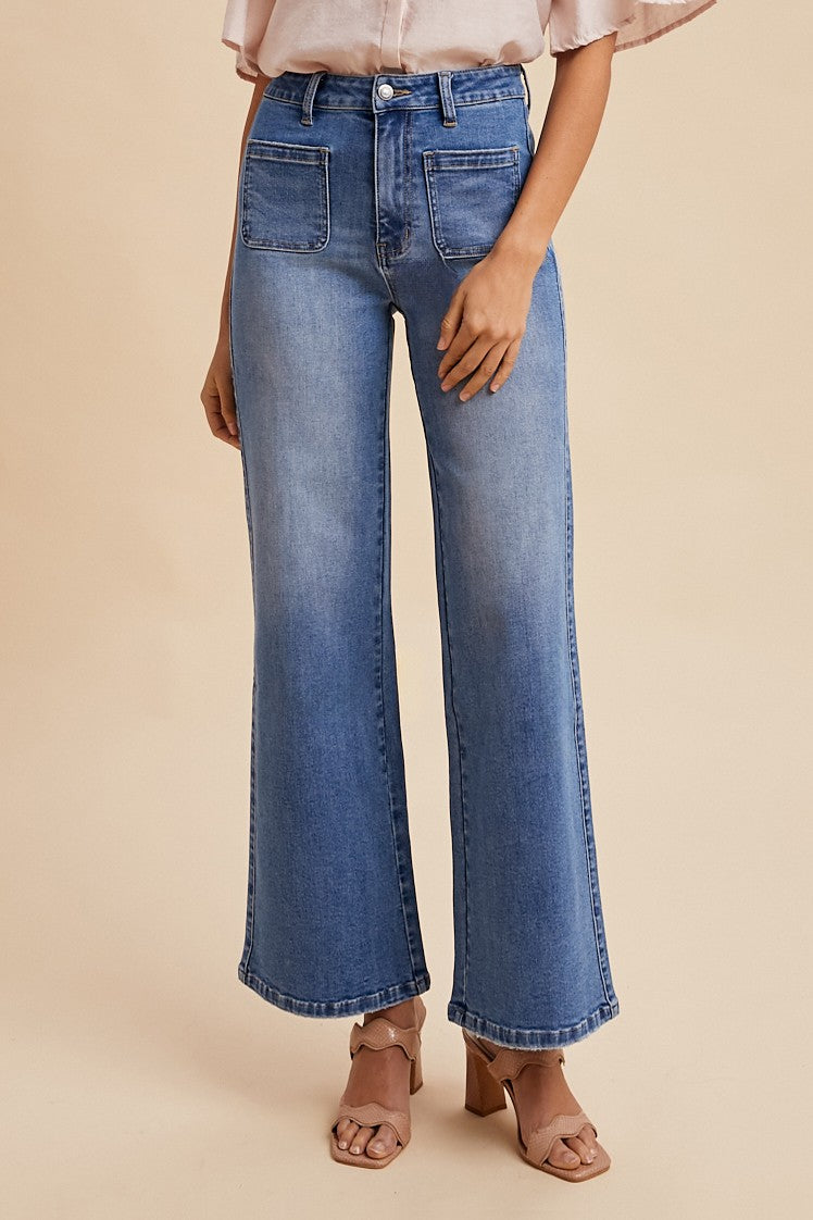 Medium Denim Stretch High Rise Flare Jean