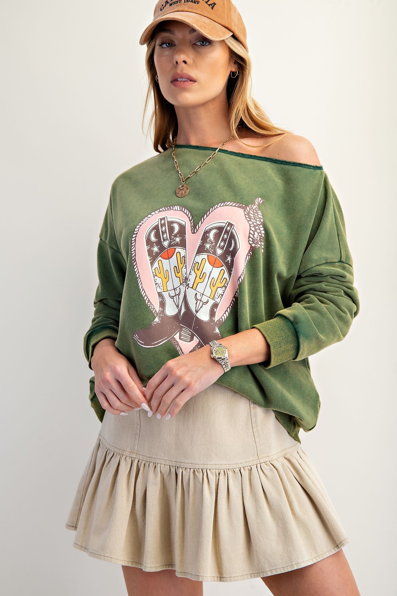 Juniper Green Oversized Boot Print Washed Terry Pullover