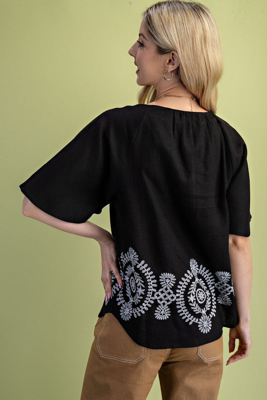 Black Short Sleeve Embroidered Linen V-Neck Top