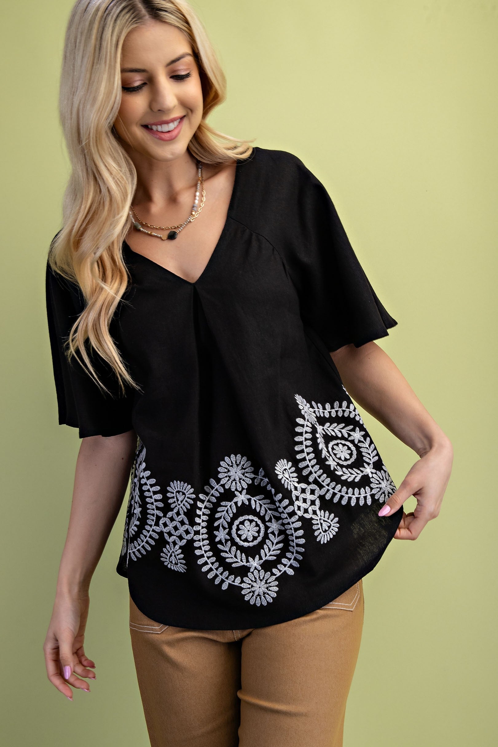 Black Short Sleeve Embroidered Linen V-Neck Top