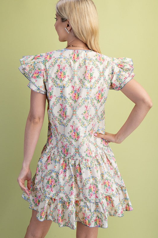 Cream Tiered Vintage Floral Print Dress