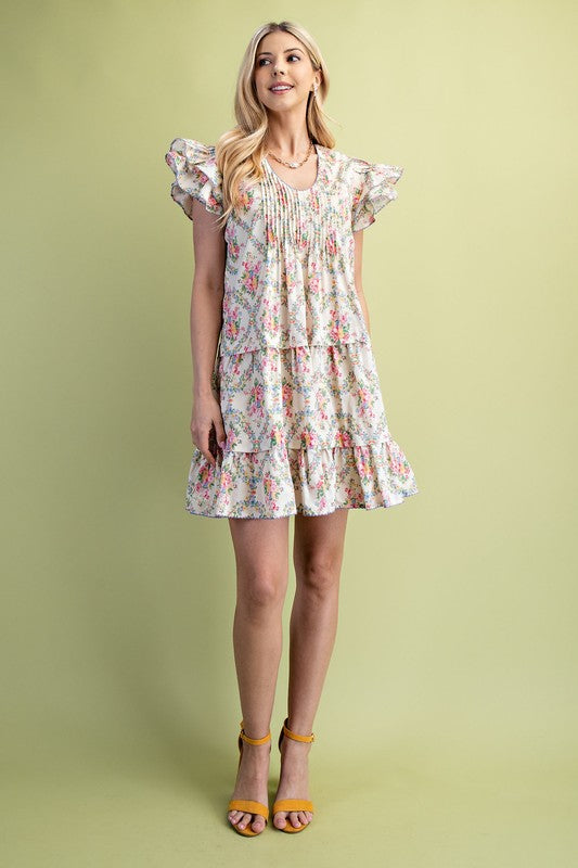Cream Tiered Vintage Floral Print Dress