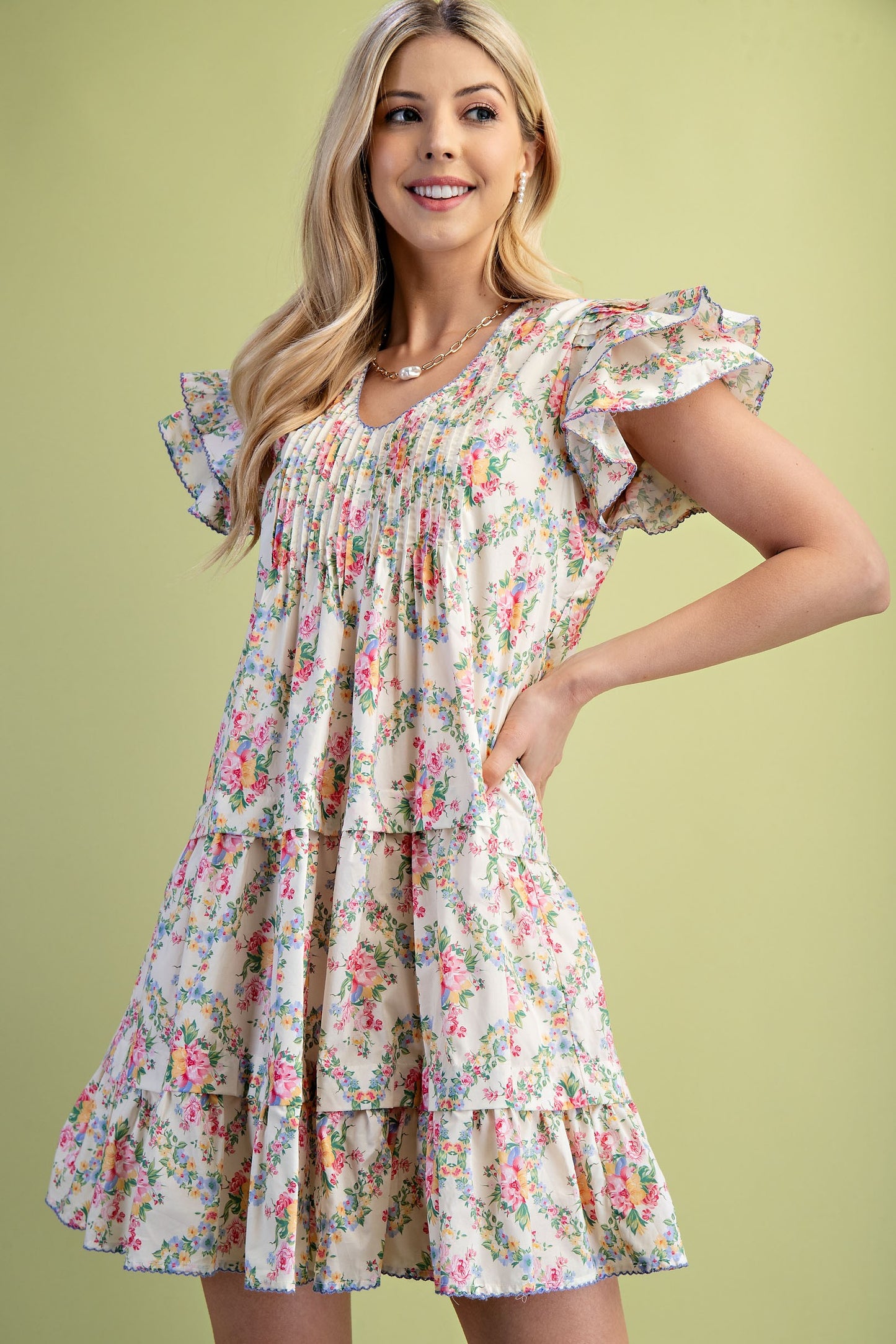 Cream Tiered Vintage Floral Print Dress