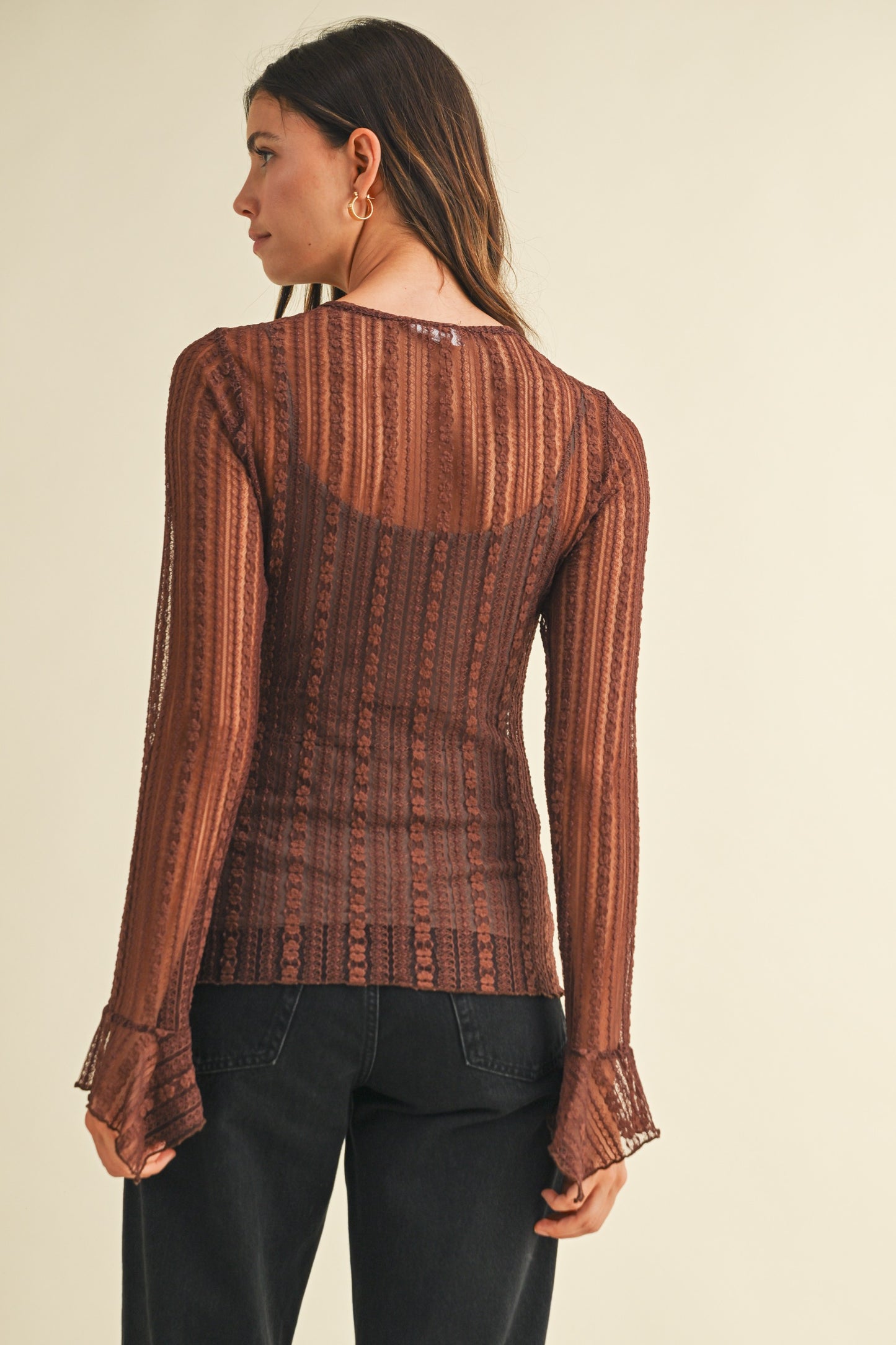 Stretch Lace Ruffle Detail Henley Neck Top