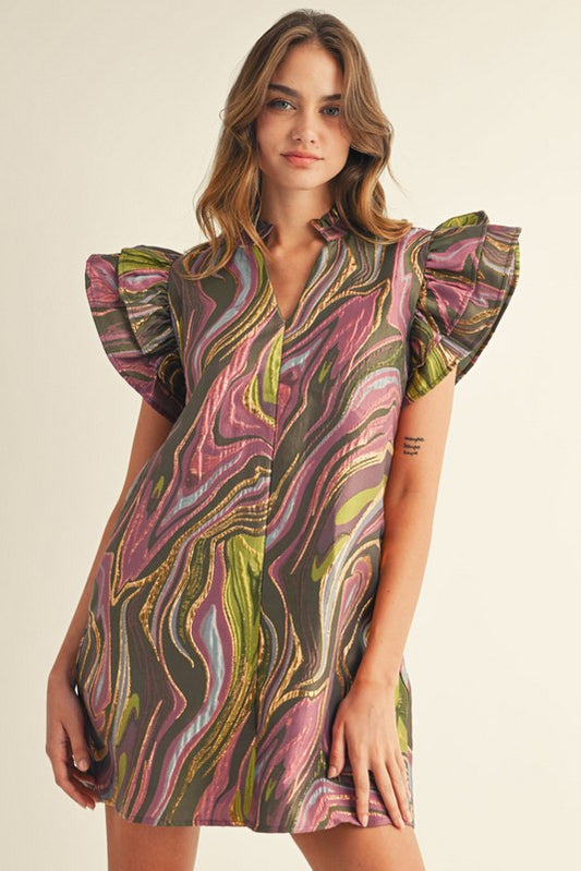 Green/Purple Mix Abstract Jacquard Dress