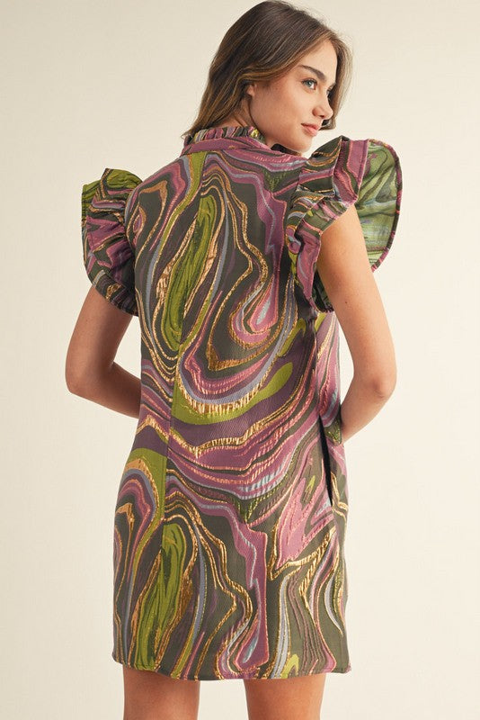 Green/Purple Mix Abstract Jacquard Dress