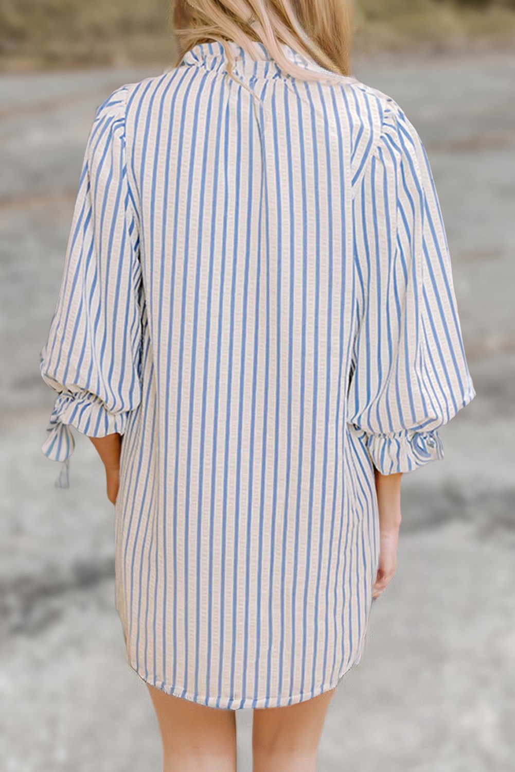 Striped Notched Neck Knot Cuffs Mini Dress