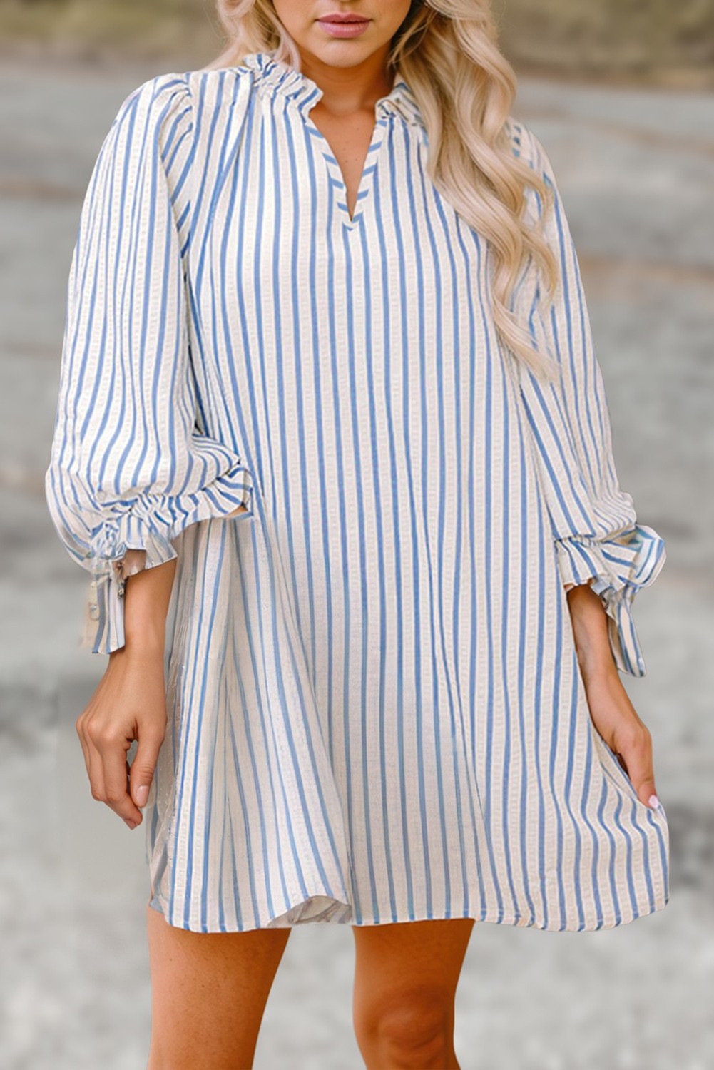 Striped Notched Neck Knot Cuffs Mini Dress