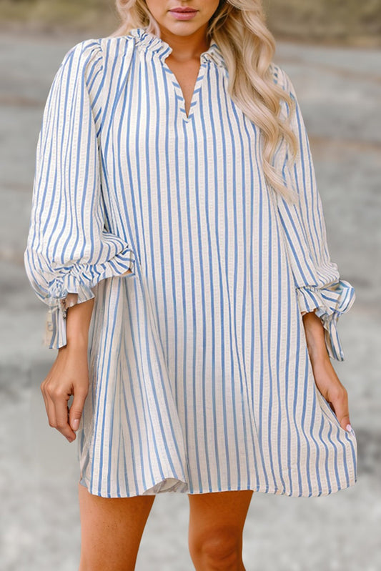 Striped Notched Neck Knot Cuffs Mini Dress