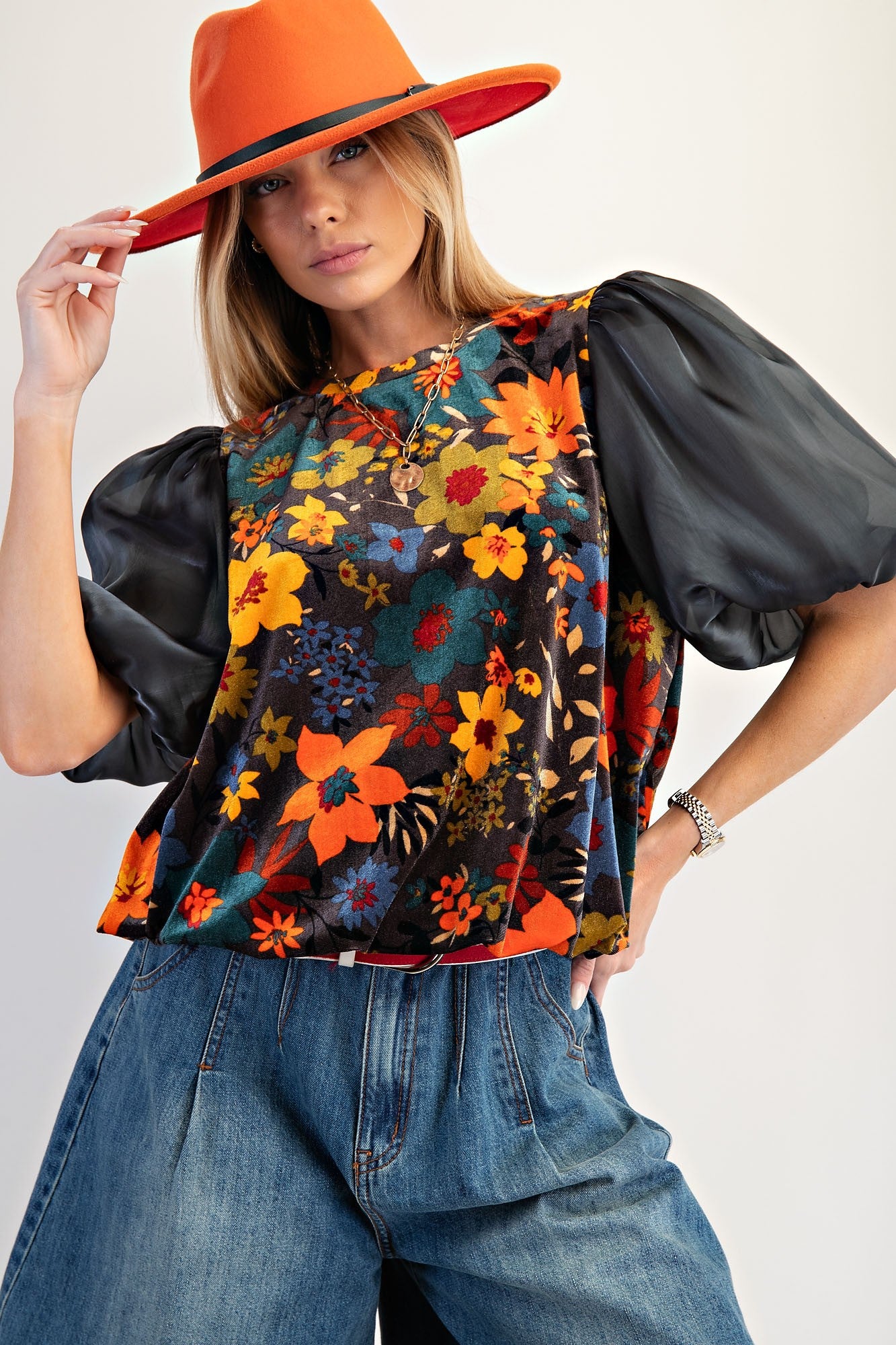 Bold Floral Printed Velvet Top