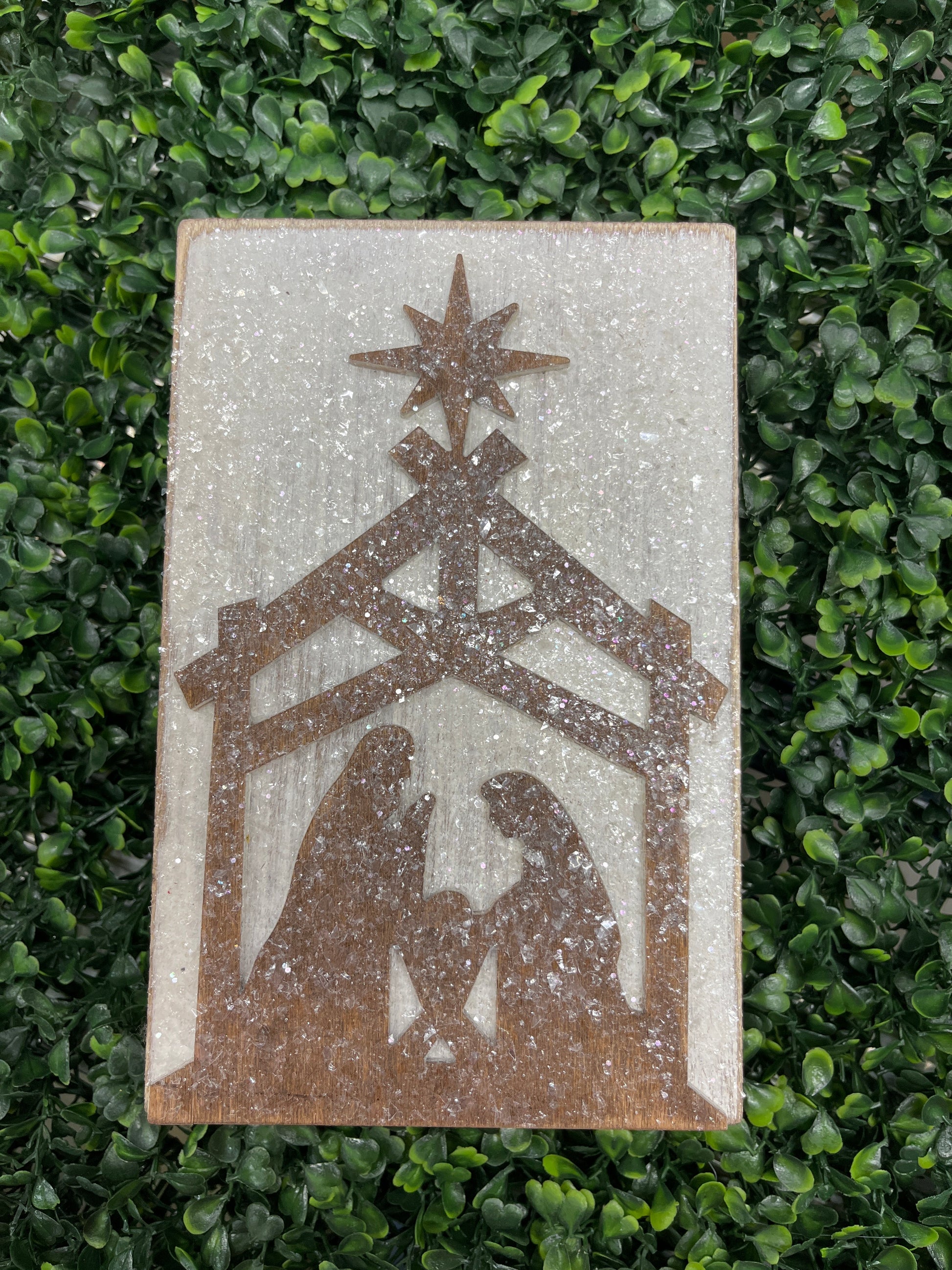 Wood Block Glitter Embossed Nativity