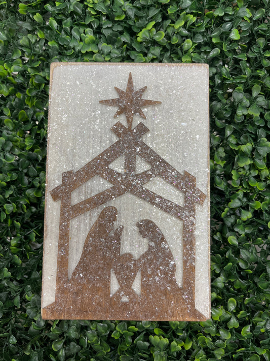 Wood Block Glitter Embossed Nativity