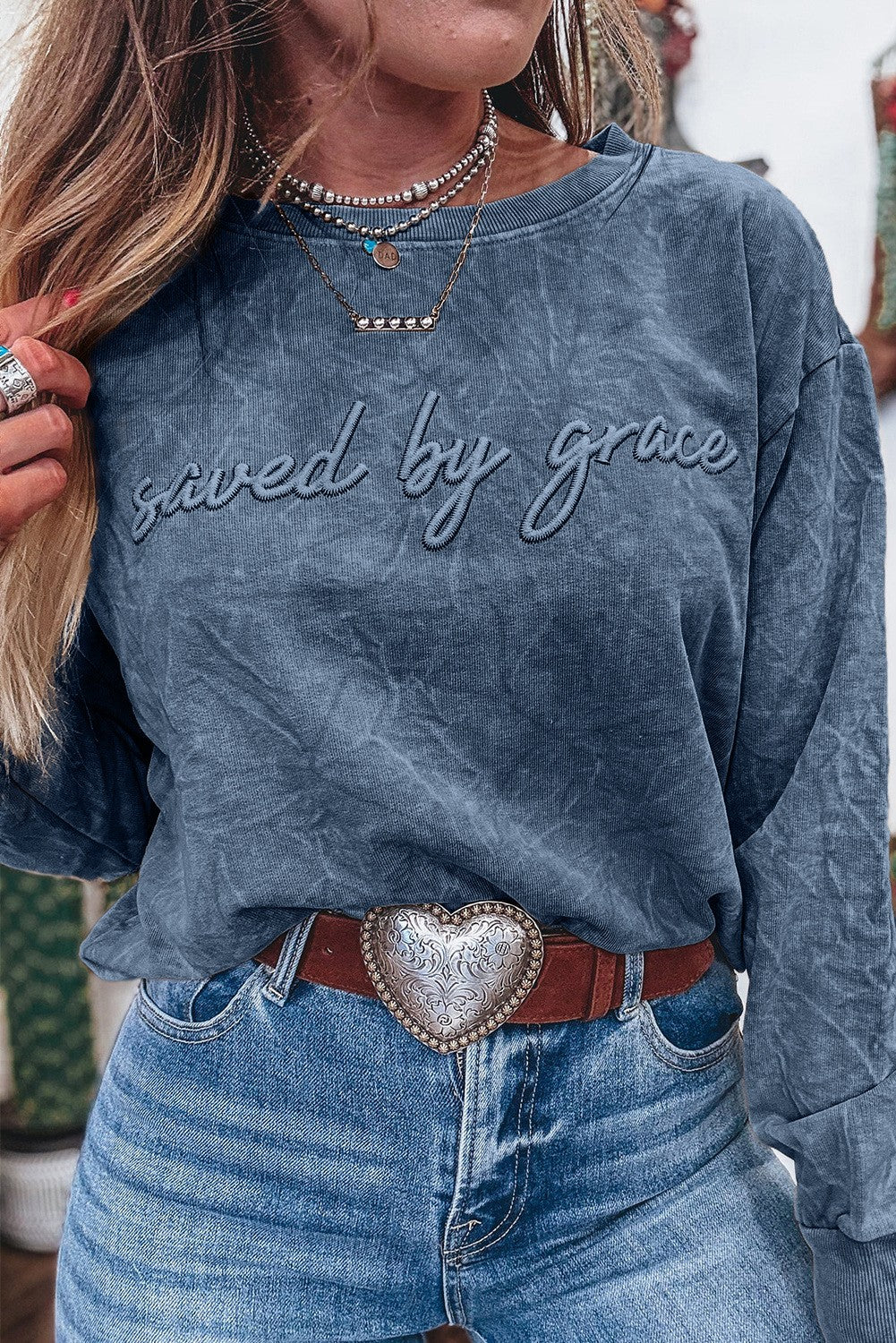 Blue Saved By Grace Embroidery Mineral Wash Crewneck
