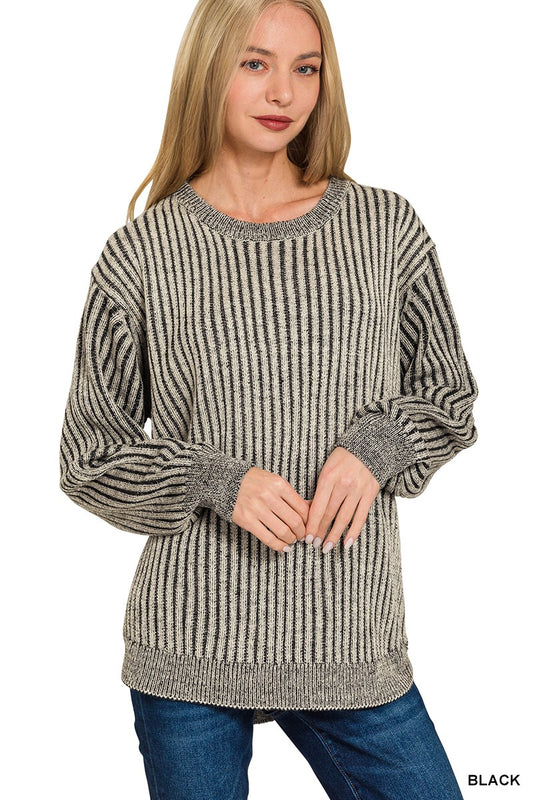 Black Curved Hem Two-tone Sweater