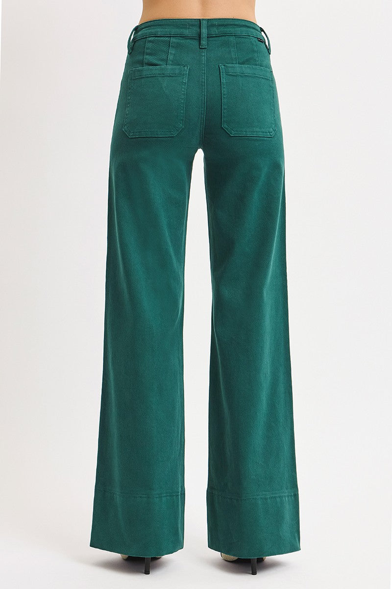Risen Hunter Green Tummy Control Mid Rise Wide Leg Pant