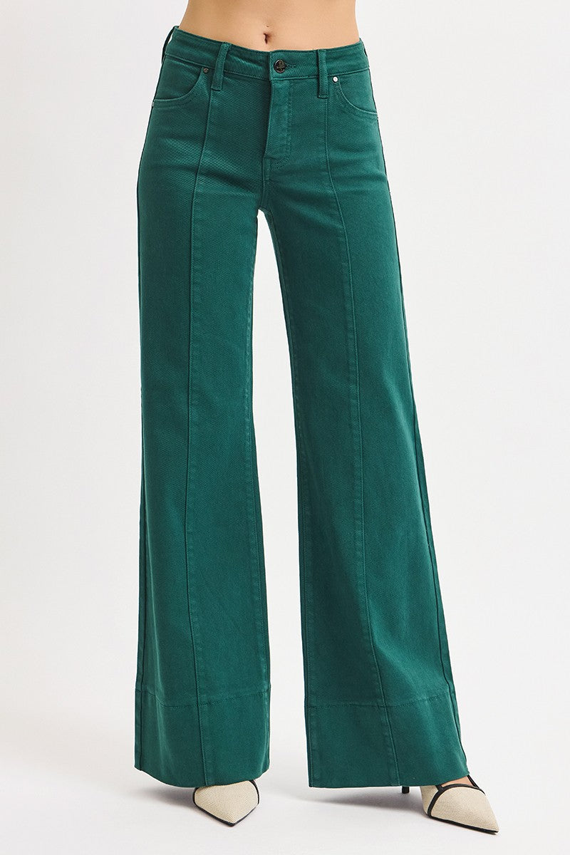 Risen Hunter Green Tummy Control Mid Rise Wide Leg Pant