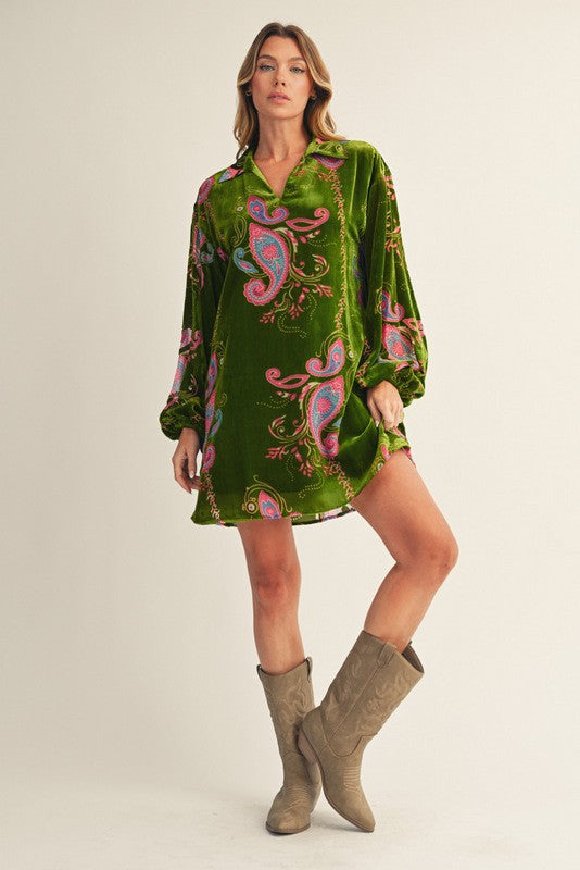 Paisley Print Velvet Dress- Avocado Green