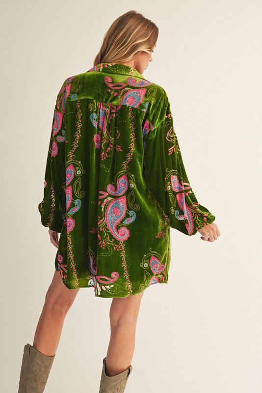 Paisley Print Velvet Dress- Avocado Green