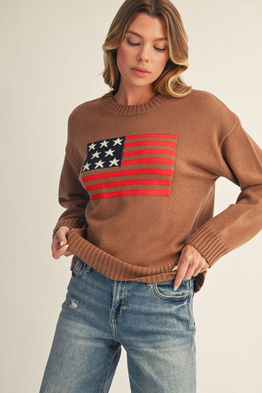 American Flag Sweater Top- Mocha Mousse