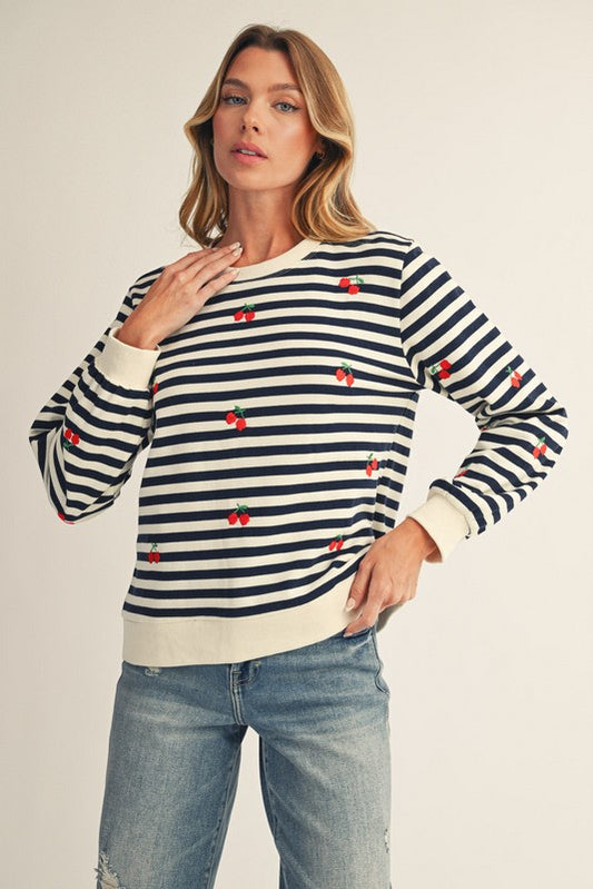 Cherry Embroidered Casual Navy Stripe Top