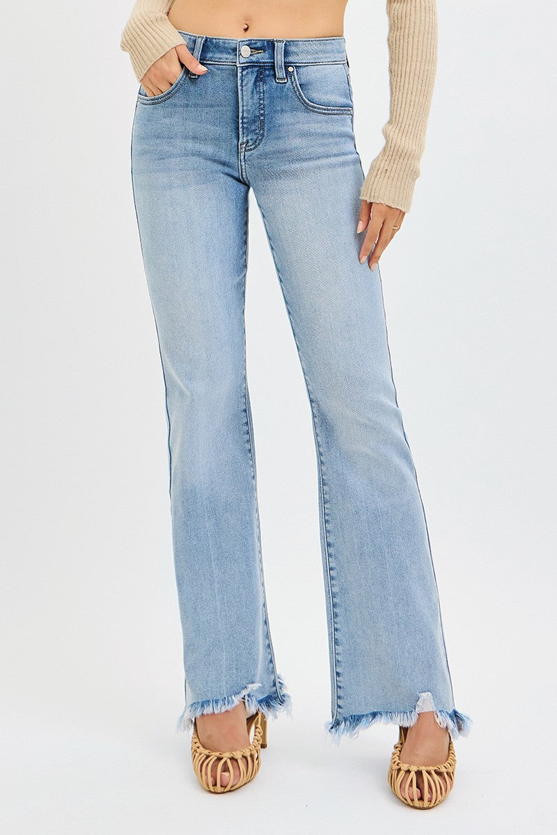 Tummy Control Mid Rise Flare Fray Hem Detailed Jeans