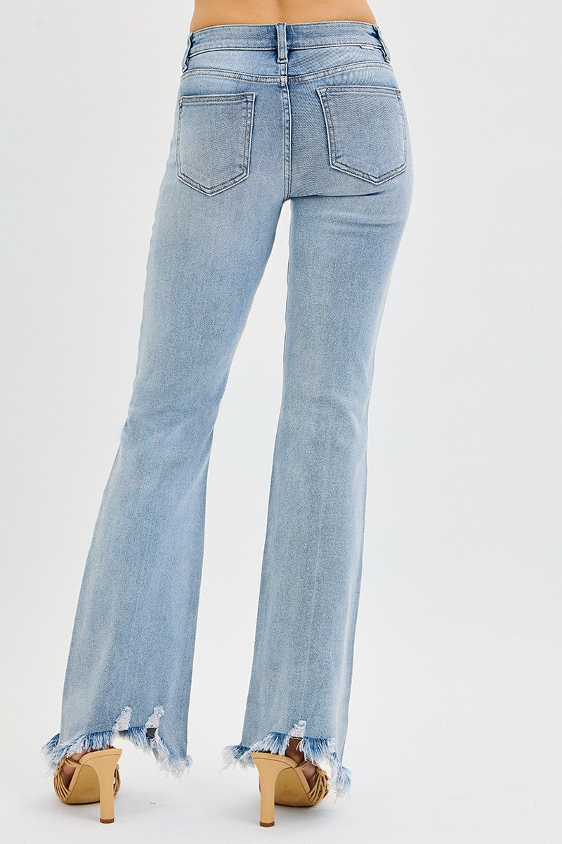 Tummy Control Mid Rise Flare Fray Hem Detailed Jeans