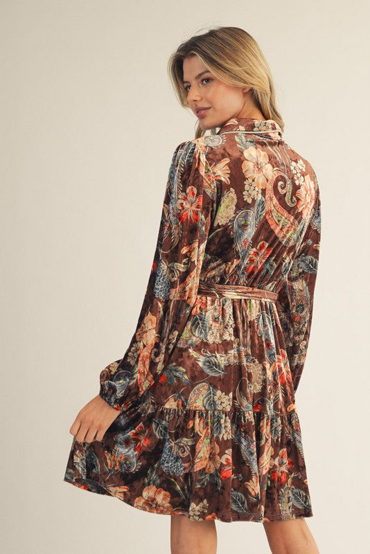Toffee Button Down Floral Paisley Velvet Dress