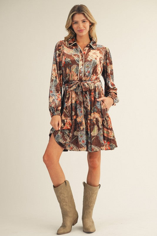 Toffee Button Down Floral Paisley Velvet Dress