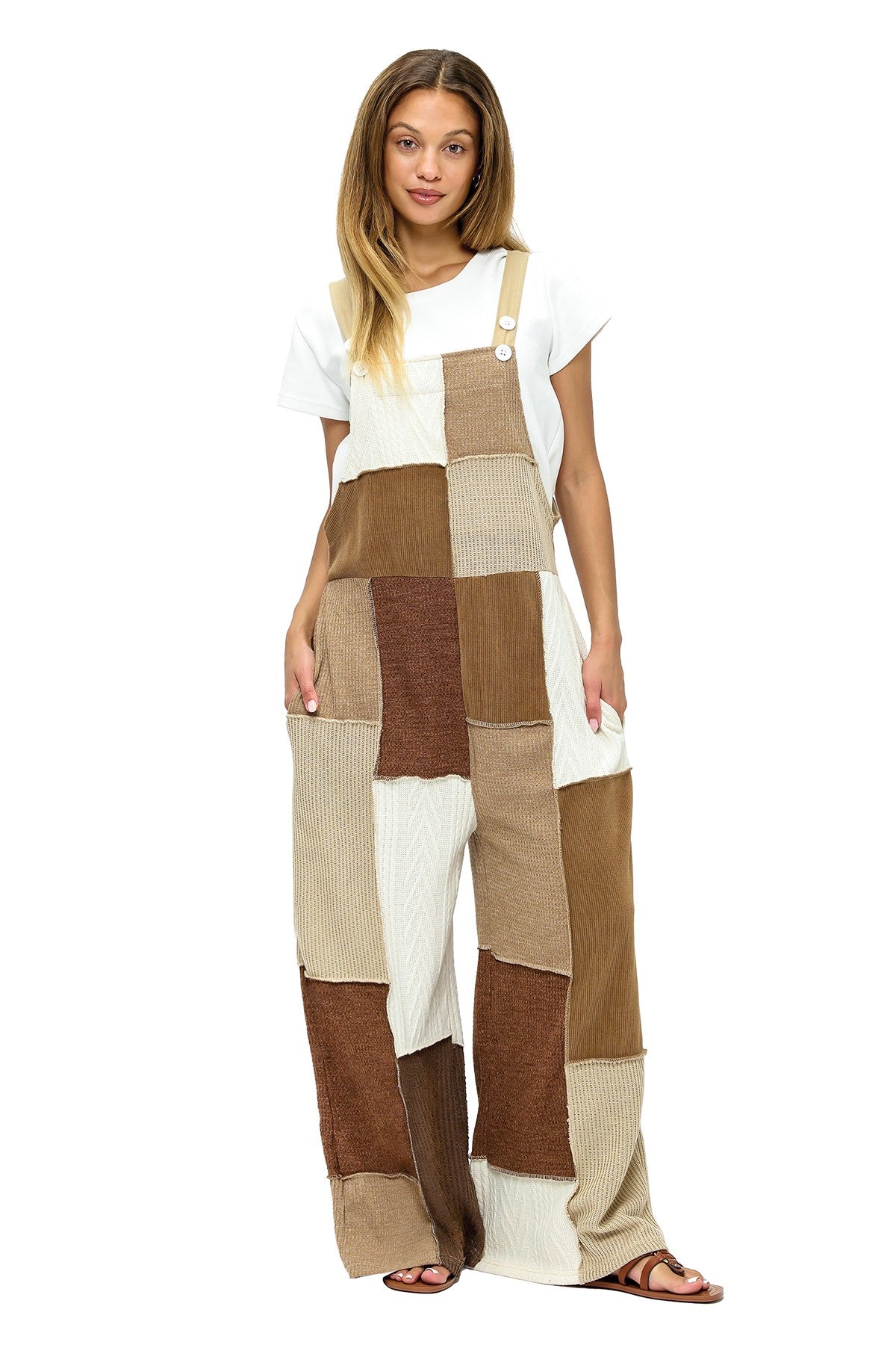 Mocha Overall Cozy Colorblock Knit Patchwork