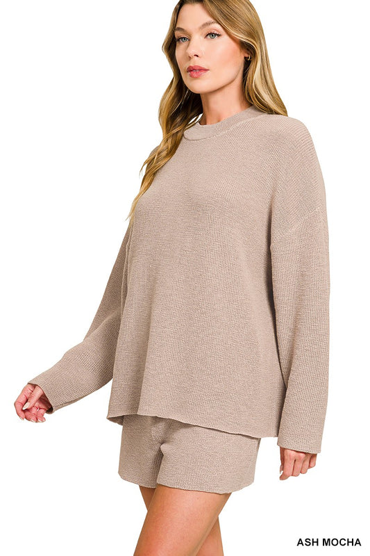 Ash Mocha Round Neck & Shorts Sweater Set