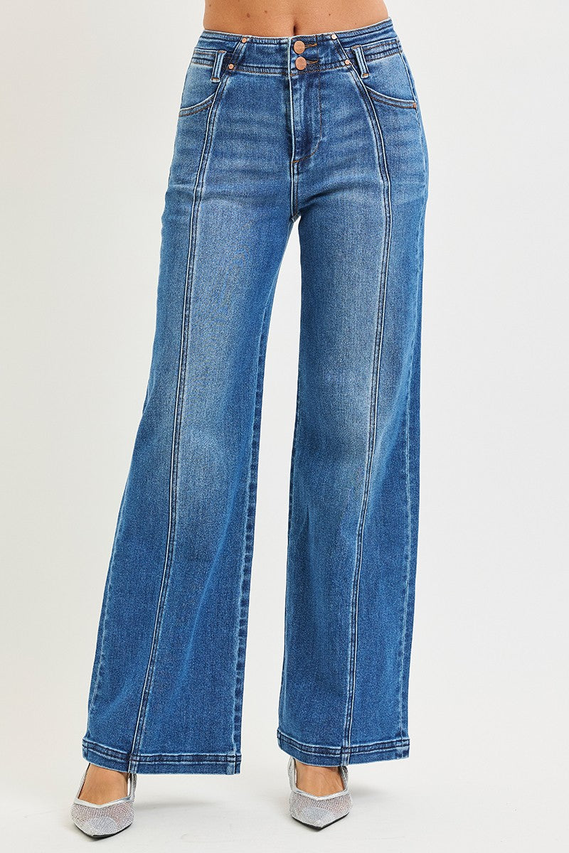 Risen High Rise Wide Jeans Front And Back Curved Seam