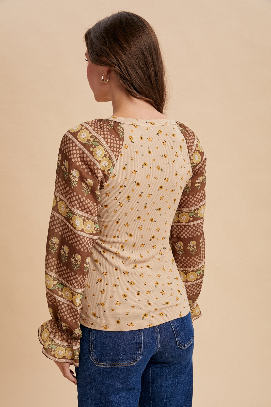 Brown Floral Print Rib Bodice Knit Top
