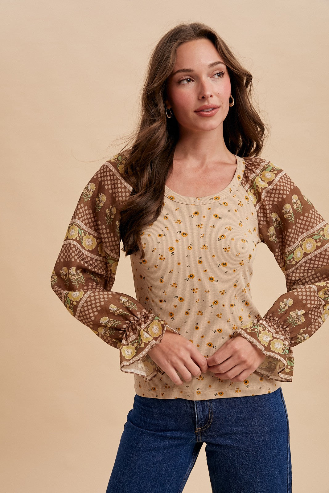 Brown Floral Print Rib Bodice Knit Top