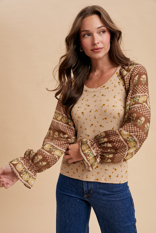 Brown Floral Print Rib Bodice Knit Top