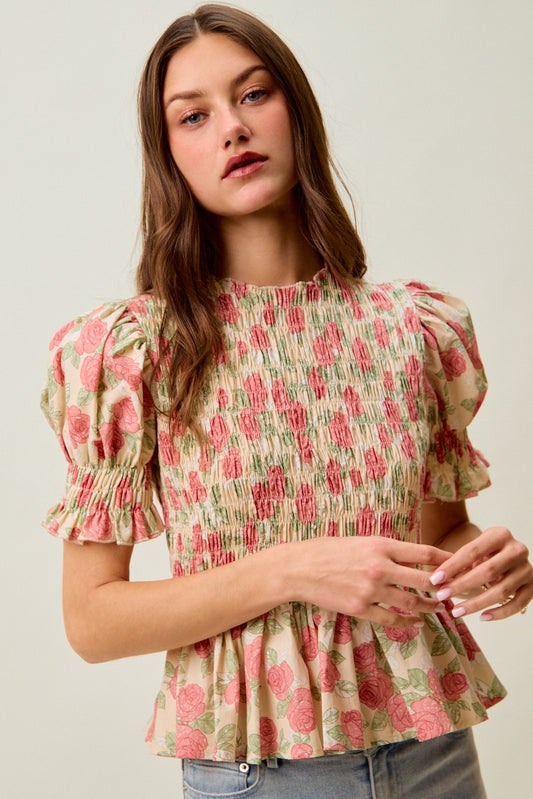 Pink Floral Rose Print Smocked Short Sleeve Top